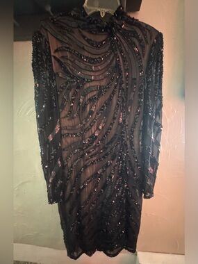 A.J. Bari Black Long Sleeve Sequin & Bead Evening Dress
